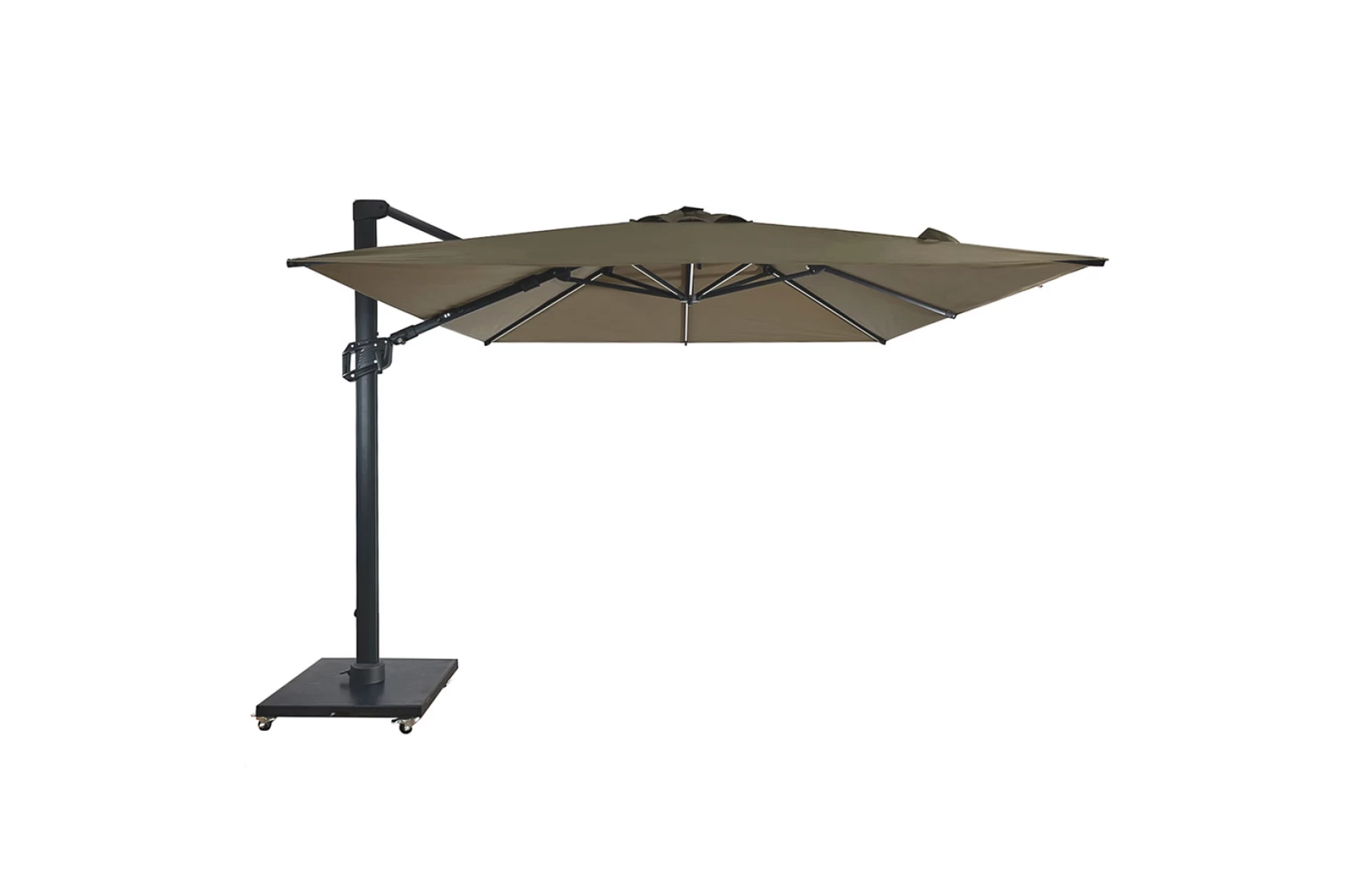 Umbrela de soare 3x3m pentru terasa si gradina, aluminiu, pliabila,cu LED culoare kaki, include suport granit