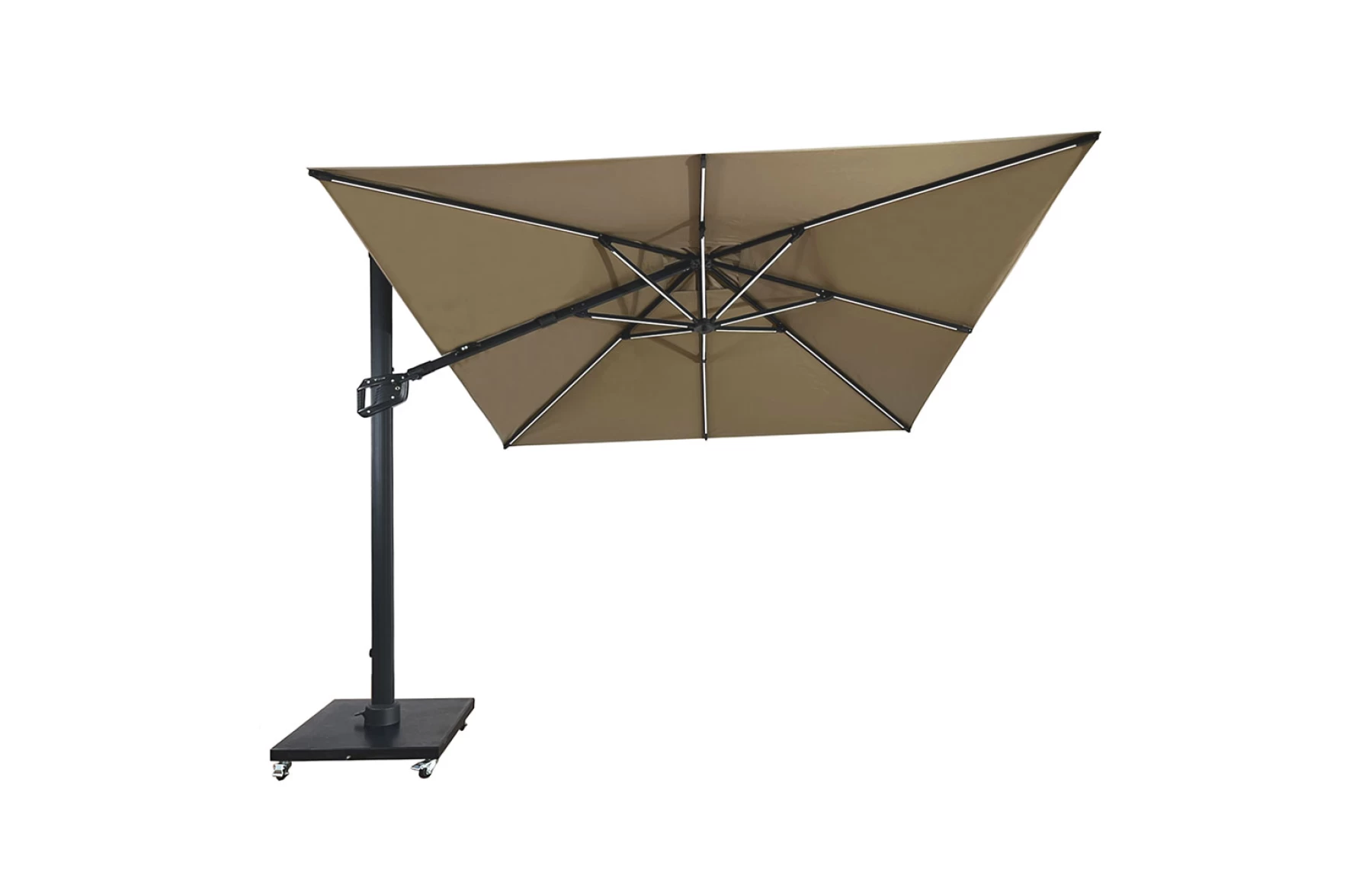 Umbrela de soare 3x3m pentru terasa si gradina, aluminiu, pliabila,cu LED culoare kaki, include suport granit